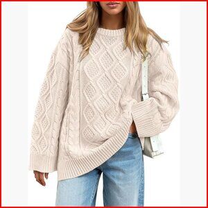 Oversized Cable Knit Crewneck Sweater, 40% Acrylic 60% Cotton, Cozy Winter